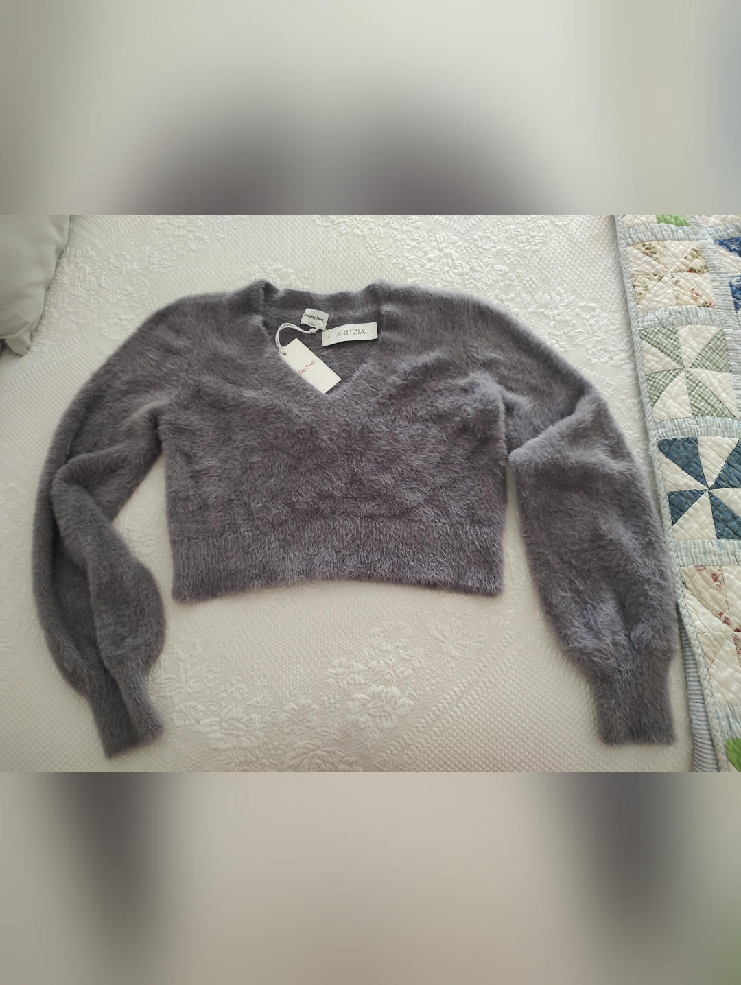 Aritzia Sunday Best Soft Lavender Gray Fuzzy V-Neck Sweater